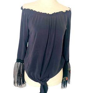 Sweet Clair Mesh Trumpet Sleeve Tie Front Top Blouse Off Shoulder Knit Size L